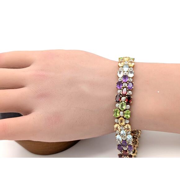 Vintage 925 Sterling Silver Gold Vermeil Multi Gemstone Tennis Bracelet - Picture 1 of 10